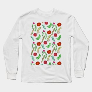 RED PEONY AND POPPY FLOWERS WITH PRETTY GREEN LEAVES PATTERN Long Sleeve T-Shirt